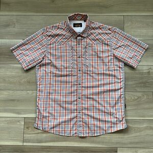 Orvis Trout Bum Shirt Mens L Blue Orange Plaid Vented Fishing Outdoor Nylon